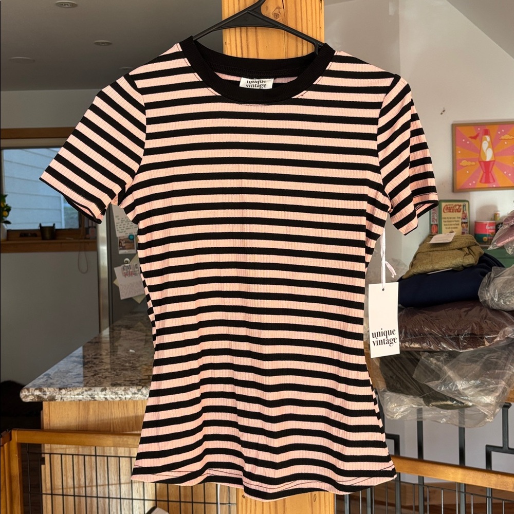 Unique Vintage Back to Basics Pink Black Parisienne Striped Retro Shirt Small